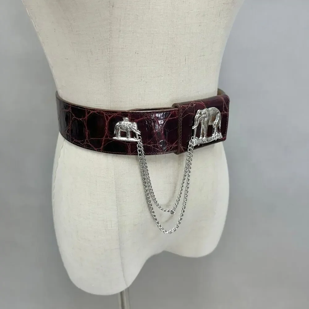 Catherine‎ Carson burgundy leather strap belt silver elephant & drop chain small
